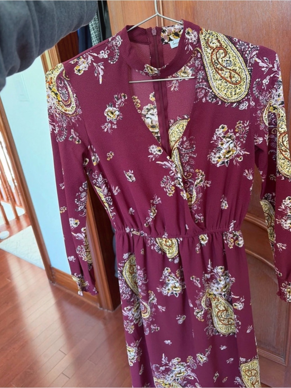 love, Fire Burgundy Paisley & Floral Long Sleeve Dress